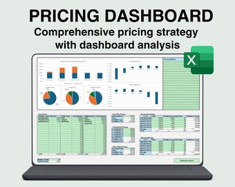 May include: A laptop computer displaying a pricing dashboard with charts and graphs. The dashboard is titled "Pricing Dashboard: Comprehensive pricing strategy with dashboard analysis". The dashboard includes charts showing total cost per unit, penetration pricing, and skimming pricing. The dashboard also includes a table with data on variable costs, fixed costs, and additional costs. The dashboard is created in Microsoft Excel.