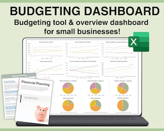 May include: A laptop computer screen displaying a budgeting dashboard with charts and graphs. The dashboard is titled "Budgeting Dashboard" and includes the text "Budgeting tool & overview dashboard for small businesses!" The laptop is on a green surface with a pink pig and a book titled "Financial Planning" visible in the foreground.