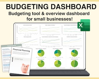 May include: A laptop computer displaying a budgeting dashboard with charts and graphs. The dashboard is titled "Budgeting Dashboard" and includes the text "Budgeting tool & overview dashboard for small businesses!" The laptop is open and the screen is visible. There are two books on the left side of the laptop, both titled "Financial Planning". The book on the top has a green cover and the book on the bottom has a pink cover with a cartoon pig on it.