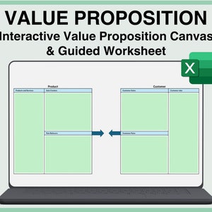 May include: A laptop screen displaying a value proposition canvas template. The template is divided into two sections: "Product" and "Customer". Each section has four boxes for listing product features and customer needs. The template is labelled "Interactive Value Proposition Canvas & Guided Worksheet".