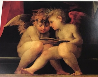 Vintage Art Print Two Cherubs Reading, Detail from Madonna and Child with Saints, Rosso Fiorentino 1518, Child's Room Nursery Decor, 9 x 12"