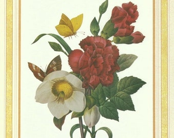 Vintage Redouté Flower Bouquet Butterfly Print, Red Carnation, White Christmas Rose, Dining Living Room Decor, Floral Gallery Wall, 8 x 10"