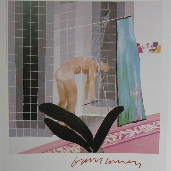 Vintage David Hockney Lithograph, Man in Shower in Beverly Hills, Art Exhibition Poster, Gray Aqua Pink Art Print, Bathroom Wall, 10 x 13.6"