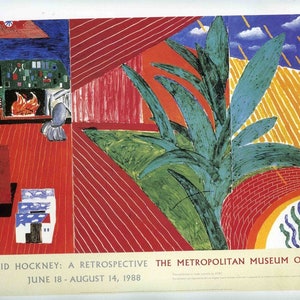 Vintage David Hockney Lithograph, HOLLYWOOD HILLS HOME, Art Exhibit Poster Print, Cubist Style Perspective Study, Interior Scene, 10 x 13.6&quot;