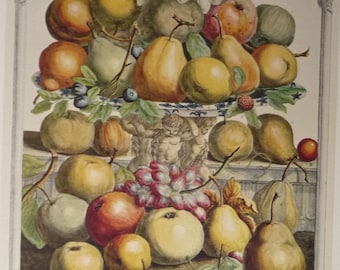 Großer Vintage Furber DEZEMBER FRUIT Druck, 12 Monate Obst, Kolonial Williamsburg 1700er Jahre Botanische Kunst Illustration Lithographie, 16x21