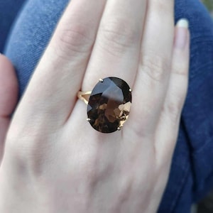 14k Yellow Gold Smoky Quartz Statement Ring Size 7 – 14kt Smokey Topaz Cocktail Ring - Large Oval Brown Gemstone – Bold Unique Women’s Gift