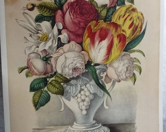 Vintage Currier & Ives VASE OF FLOWERS Art Print, Tulips, Peonies, Lilies, Lush 1800s Floral Arrangement, Red Yellow Pink Green Art 10 x 14"