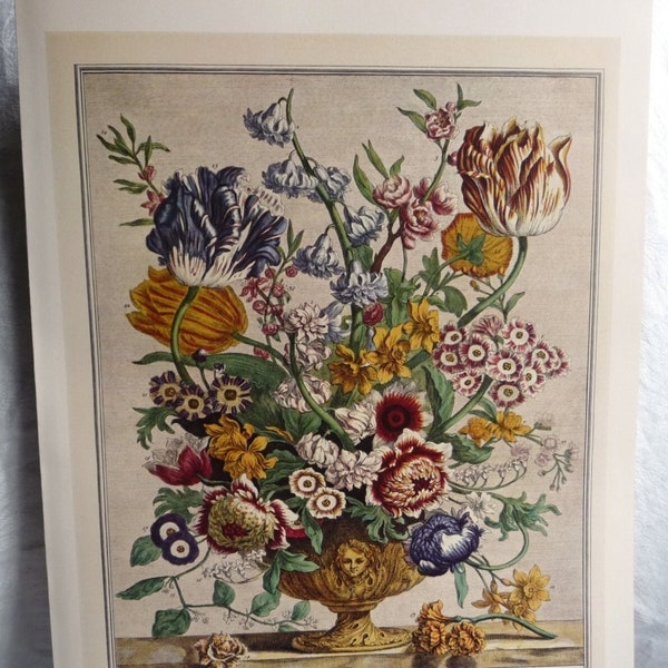 Vintage April Flowers Art Print, 1700s Botanical Painting, 12 Months of Flowers, Furber, Williamsburg, Birth Month Wedding Gift 10.5 x 14"