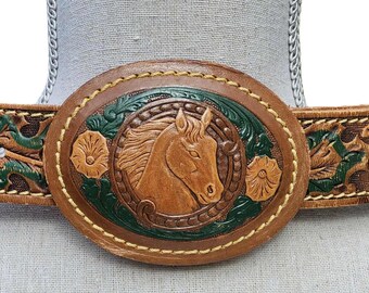 Vintage Tooled Leather Belt, Horse & Acorn Design, 34 Inch  display picture 3