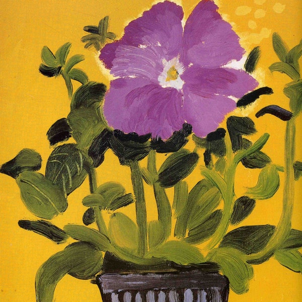 Vintage Lithograph David Hockney ONE LAVENDER PETUNIA Art Print, Exhibition Poster, Purple Green Yellow Still Life, Wall Hanging, 10 x 13.6"