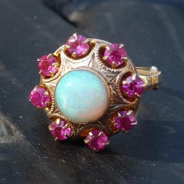 STUNNING Ostby & Barton 10k Opal Ruby Ring, 1920s Art Nouveau Jewelry, Titanic Passenger, October Birthstone, Birthday Valentines Gift, OB