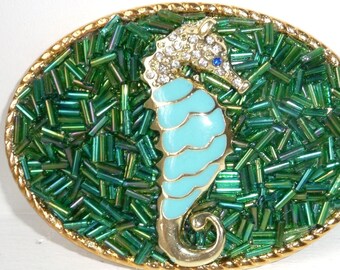 Womans Seahorse Belt Buckle, Aqua Blue Green Turquoise Gold, Beach Theme, Summer Fashion, Preppy Mothers Day Gift, Women's Sea Horse Buckle