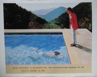 Vintage Hockney Litho of Art Exhibit Poster, Blue Swimming Pool and Swimmer Scene, Portrait of an Artist (Pool with Two Figures), 10 x 13.6"