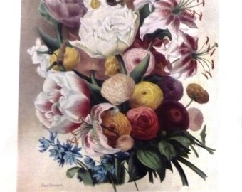 Vintage 1800s SPRING FLOWERS Print, Peonies Ranunculus Daffodil Tulip Bouquet, Elisa Champin French Artist, Gallery Wall Art Inspo, 10 x 14"