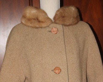 Women's Petite 1960s Blonde Mink Collar Wool Boucle Swing Coat- Forstmanns Frizelda Dress Coat- Camel Winter Coat- Jackie Kennedy 60s Style