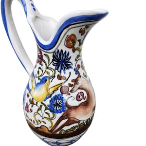 Vintage Coimbra Portugal Faience Pitcher, Hand Painted Deer Bird Floral Nature Scene, Blue White, Colorful Ceramic Ewer, Signed, 6 x 7 inch