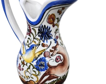 Vintage Coimbra Portugal Faience Pitcher, Hand Painted Deer Bird Floral Nature Scene, Blue White, Colorful Ceramic Ewer, Signed, 6 x 7 inch