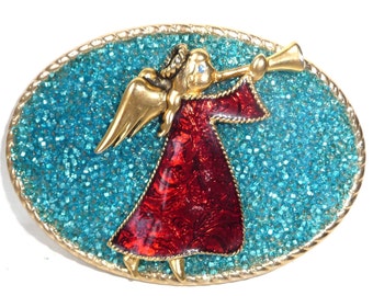 Women's Vintage Angel Belt Buckle - Jewel Tone Christmas Belt Buckle - Turquoise Red Gold - Xmas Party Fashion Accessory - Womans Gift Idea