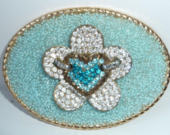 Flower Belt Buckle- Womens Belt Buckle- Heart Belt Buckle- Aqua Buckle- Turquoise Belt Buckle- Rhinestone Buckle- Womens Gift Idea - 3.75" w