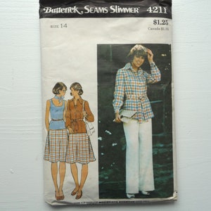 uncut 1970s Butterick 4211 Sewing Pattern - Button Shirt Jacket, Tank Top, Elastic Waist Skirt and Pants - Misses Size 14 Bust 36” Hips 38