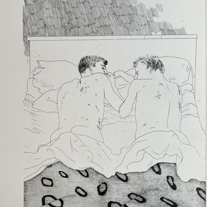 Litografía antigua del cartel de la exposición de arte de David Hockney con 'Dos niños durmiendo de 23 o 24 años', impresión artística sin marco de 10 x 14"