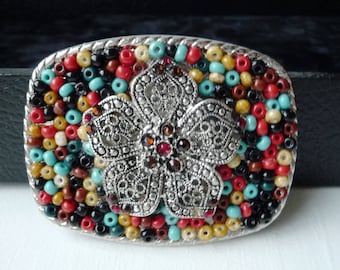 Woman's Silver Flower Belt Buckle- Cowgirl Style Buckle- Southwestern Colors Turquoise Red Black Brown- Rectangular Buckles- 3.25" x 2.25"