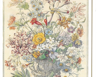 Small Vintage OCTOBER FLOWERS Print, 1700s Botanical Art, John Bowles, Birth Month Flowers, Winterthur, Wedding Anniversary Gift, 7.75 x 10&quot;
