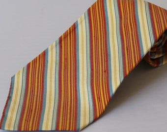 Vintage Silk Dupioni Striped Tie - Rivetz - Red Gold Blue Cream Tie - Diagonal Stripe Tie - Preppy Necktie - Trad Style - 1980s - 4" x 54.5"