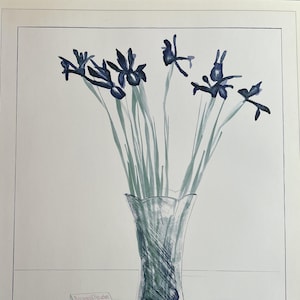 Impresión artística vintage de David Hockney, Iris en jarrón, 'Naturaleza muerta con libro', póster publicitario de exposición, litografía, arte de pared de galería azul, verde y morado, 10 x 14