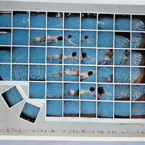 Vintage Hockney Print 'Ian Swimming' Joiner Photo Collage, Swimmer in Vivid Blue Pool, 1980s Oakland Museum Photography Exhibit Poster 10x14