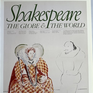 May include: A black and white line drawing of William Shakespeare, with a red and yellow illustration of Queen Elizabeth I in the background. The text "Shakespeare The Globe & The World" is at the top of the image.