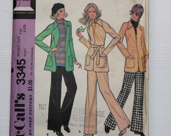 uncut 1970s McCalls 3345 Sewing Pattern- Stretch Knit - Unlined Jacket Long Sleeves- 70s Wide Leg Pants- Misses Size 10 -Bust 32.5 -Hip 34.5