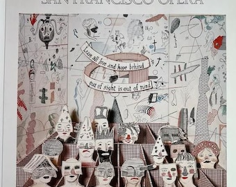 Gravura vintage de Hockney para a Ópera de São Francisco, Stravskiy Rakes Progress, cenário do Asilo Bedlam, pôster litográfico de programa de teatro dos anos 1980, 25 x 35 cm.
