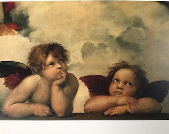 Vintage Art Print of TWO PUTTI, detail from The Sistine Madonna by Raphael, 2 Winged Cherubs, Nursery or Children's Room Wall Decor, 9 x 12"