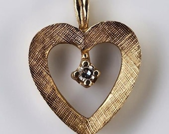 Vintage 14k Open Heart Diamond Pendant, Florentine Finish Yellow Gold Necklace or Bracelet Charm, April Birthstone, Mothers Day Jewelry Gift
