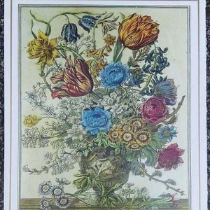 Mały, vintage'owy wydruk „Winterthur MARCH FLOWERS”, John Bowles Flora, ilustracja botaniczna z XVIII wieku z owadami, prezent urodzinowy lub ślubny, 8x10