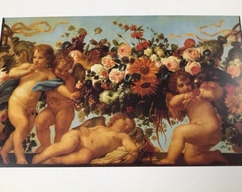 Vintage Angels Art Print, Cupids and Garlands of Flowers with Parrot, Carlo Marratta, 1600s Baroque Italian Art, Gallery Wall Ideas, 9 x 12'
