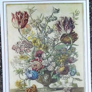 Small Vintage APRIL FLOWERS Art Print, Birth Month Flowers, 1700s Still Life, Winterthur, John Bowles, Wedding Anniversary Gift, 7.75 x 10&quot;