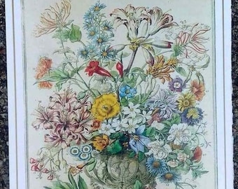 Petite impression vintage de fleurs d'octobre, art mural botanique des années 1700, fleurs du mois de naissance de John Bowles, Winterthur, anniversaire de mariage, 7,75 x 10 po