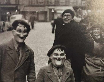 Vintage Art Print of 1940s Black White Photo, 2 Boys with Face Masks, Paris Street Photography, B/W Portraits, Gallery Wall Ideas, 9" x 12"