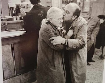 Vintage Art Print 1960s Paris Street Photography, Two Old French Men Embracing, Black White Photo, B/W Portrait, Gallery Wall Idea, 9 x 12"