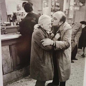 Vintage Art Print 1960s Paris Street Photography, Two Old French Men Embracing, Black White Photo, B/W Portrait, Gallery Wall Idea, 9 x 12 image 1