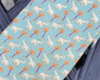 Vintage designer Jim Thompson 100% Thaise zijden stropdas, luxe geweven jacquard herenstropdas, aquablauw en oranje Pha Ya-olifantpatroon 3,8"