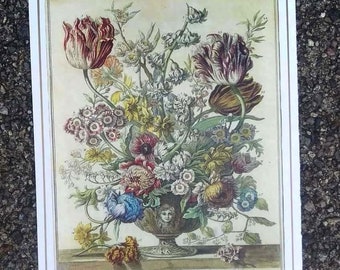 Small Vintage APRIL FLOWERS Art Print, Birth Month Flowers, 1700s Still Life, Winterthur, John Bowles, Wedding Anniversary Gift, 7.75 x 10"
