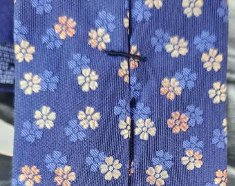 Mens Vintage Ted Baker London Silk Floral Jacquard Tie, Navy Blue Italian Silk Necktie, Orange Cream Blue Flowers, Fathers Day Gift 2.5 Slim