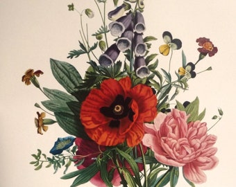 Vintage JUNE BOUQUET Art Print, 1800s Painting by French Artist Prevost, Red Poppy, Pink Peony, Purple Foxglove, Summer Flowers, 10 x 14"