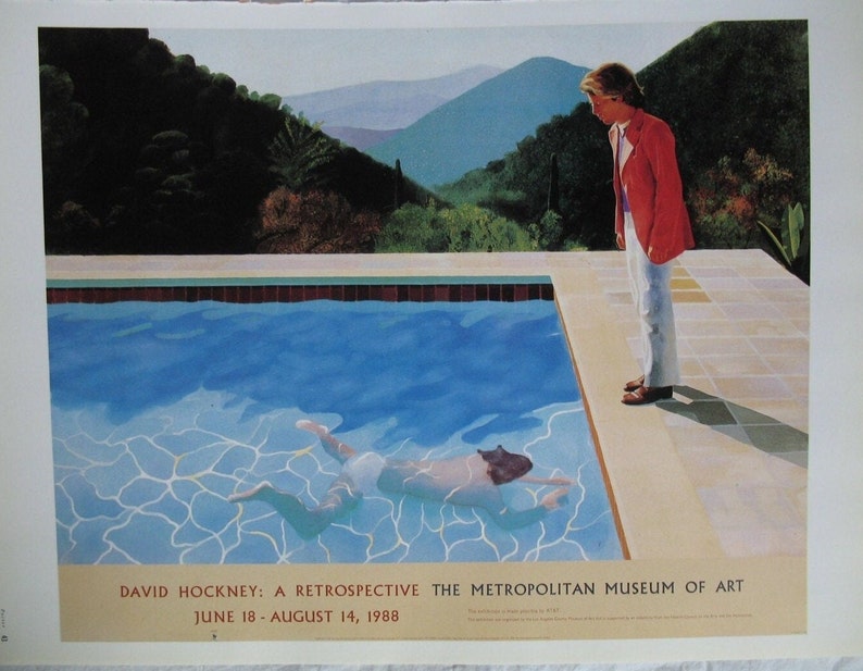 Vintage Hockney Litho van kunsttentoonstelling poster, blauw zwembad en zwemmerscène, portret van een kunstenaar zwembad met twee figuren, 10 x 13,6 afbeelding 1
