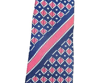 Vintage 1980s Mens Silk Tie Red White Navy Blue Striped Nautical Rope Geometric, Shanghai Tie Factory, Dunhuang Feitian Flying Apsaras, 3x55