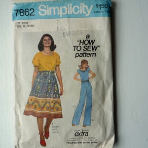 May include: Simplicity sewing pattern number 7862 for a "How to Sew" pattern. The pattern is for a young junior or teen and includes instructions for a skirt with a border print fabric and a pair of trousers. The pattern cover features a model wearing the skirt and another model wearing the trousers.