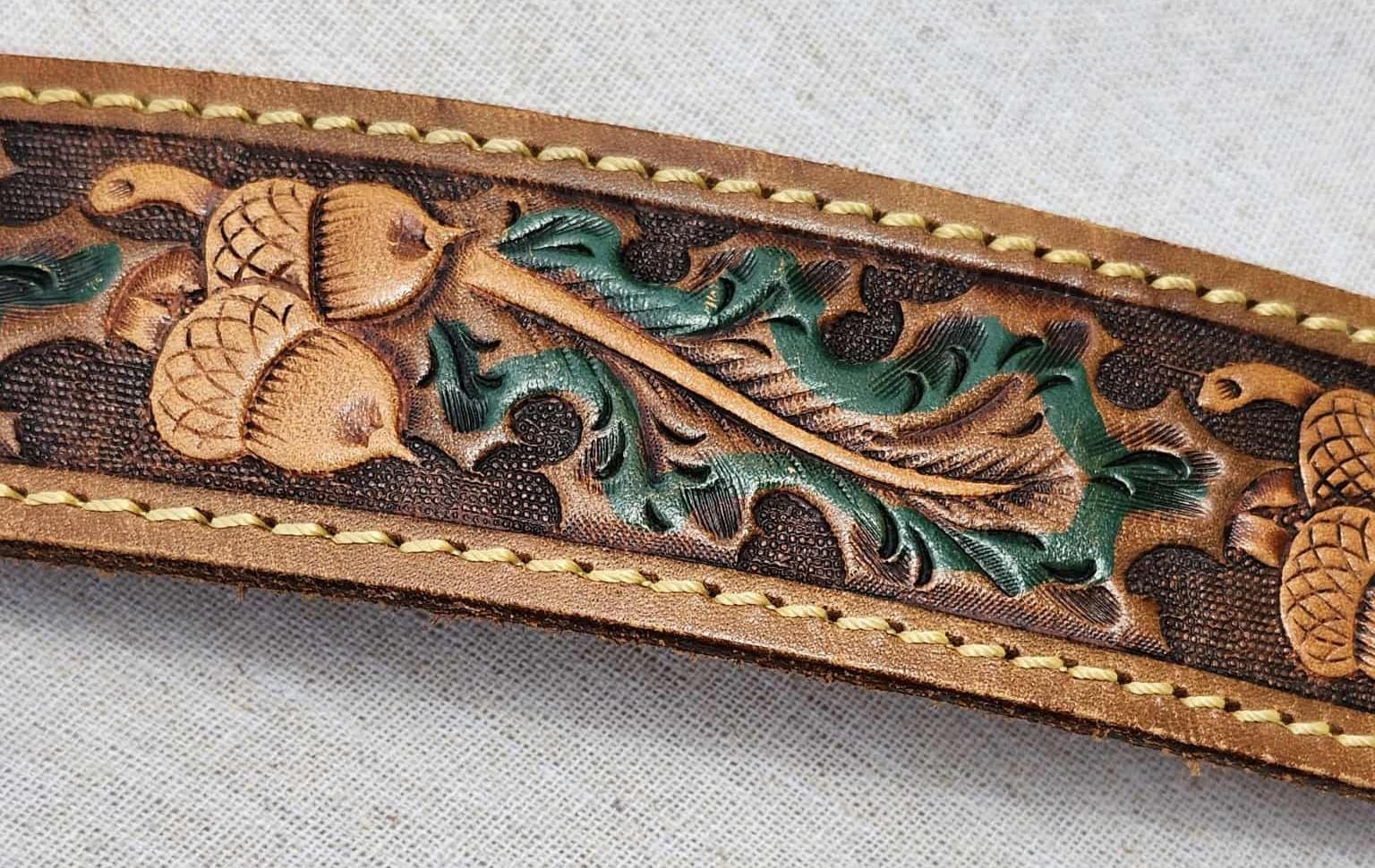 Vintage Tooled Embossed Leather Belt With Horse Head Buckle 